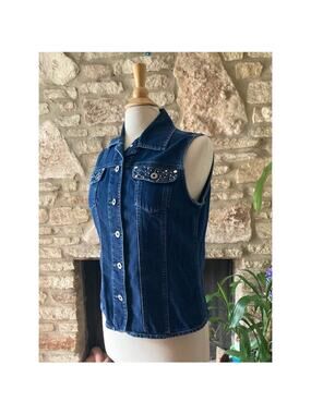 Denim Vest with Rhinestone Pockets - Chico's Platinum - Size 1 (Medium 8)